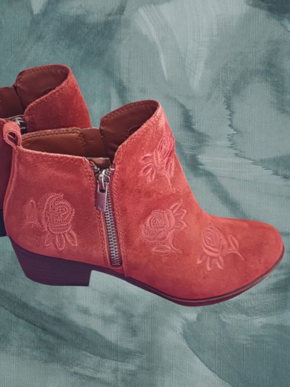 Lucky Brand Suede Ankle Boots W/ Floral Embroidery & Side Zip Terracota Size 6.5 - Picture 5 of 14